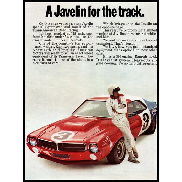 1970 AMC Javelin For the Track and Road 2 Page Vintage Print Ad Man Cave Art - Picture 2 of 3
